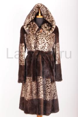 Норковая шуба с капюшоном, фасон платье, расцветка трафарет