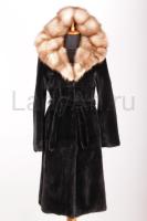 Шикарная норковая шуба, цвет черный бриллиант капюшон медовая куница