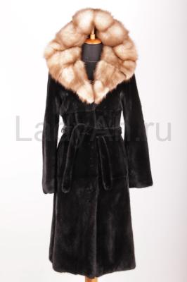 Шикарная норковая шуба, цвет черный бриллиант капюшон медовая куница