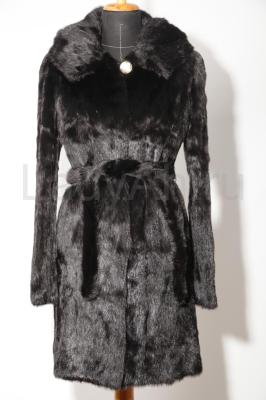 Шуба из сурка с капюшоном и поясом, цвет черный бриллиант. 