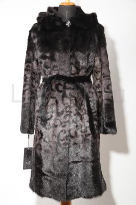 Новая шуба из сурка с капюшоном и поясом, переход цвета, принт. 
