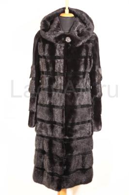 Норковая шуба с капюшоном, поперечка, цвет черный бриллиант. 