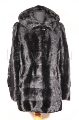 Удлиненный норковый полушубок с капюшоном, поперечка, цвет черный бриллиант. 