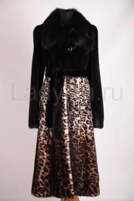 Эксклюзивная норковая шуба с принтованным низом и воротом из лисы, цвет черный бриллиант. 