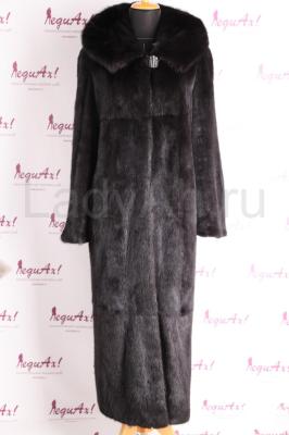 Длинная норковая шуба с капюшоном, цвет черный бриллиант.