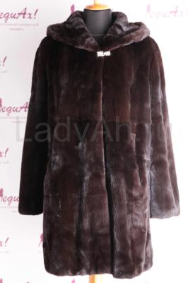 Удлиненный норковый полушубок с капюшоном, цвет черно-коричневый