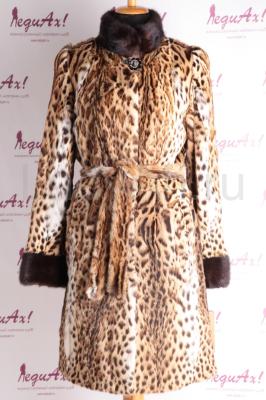 НОВОЕ стильное пальто из оцелота с отделкой норкой. 