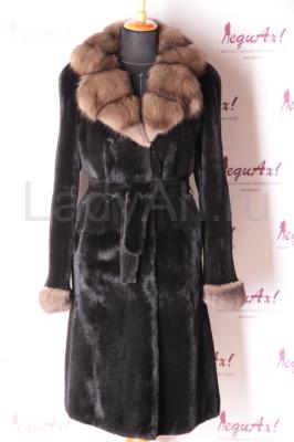 Роскошное норковое пальто с воротником из соболя, полустрижка, цвет черный бриллиант. 