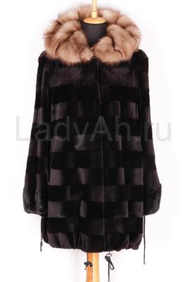 Стриженная норковая шуба с капюшоном из куницы, цвет черный бриллиант. Braschi, Италия.