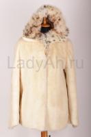 Норковый полушубок с капюшоном из рыси, цвет жемчуг