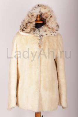 Норковый полушубок с капюшоном из рыси, цвет жемчуг