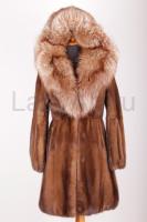 Роскошная норковая шуба цвет карамель с шикарным капюшоном из лисы