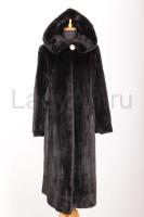 Классическая норковая шуба с капюшоном, цвет черный бриллиант, роспуск
