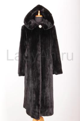 Классическая норковая шуба с капюшоном, цвет черный бриллиант, роспуск