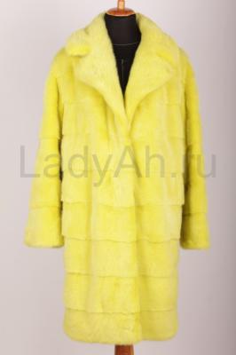 Новая норковая шуба фасон кокон, раскладка меха поперечка, длина 100 см, цвет солнечный лимон