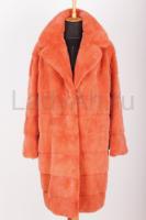 Норковое пальто, фасон кокон, раскладка меха поперечка, цвет оранжевый