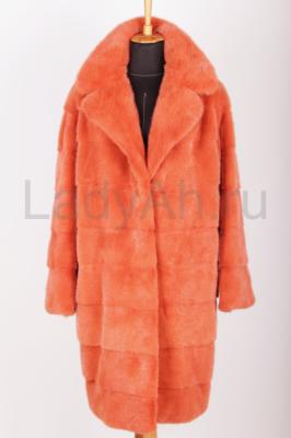 Норковое пальто, фасон кокон, раскладка меха поперечка, цвет оранжевый