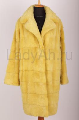 Новое норковое пальто, фасон кокон, раскладка меха поперечка,  цвет охра (горчичный), длина 100 см