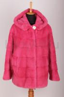 Новая норковая шуба с капюшоном фасон кимоно-летучка, цвет брусника, длина 70 см, поперечка