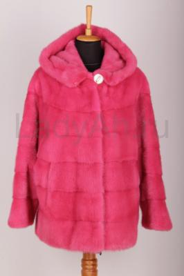 Новая норковая шуба с капюшоном фасон кимоно-летучка, цвет брусника, длина 70 см, поперечка