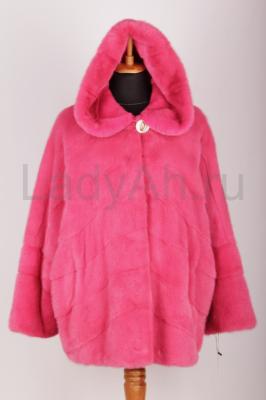 Новый норковый полушубок/куртка с капюшоном фасон кимоно, цвет брусника, длина 75 см, диагональ (паркет)