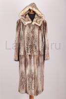 Норковая шуба с капюшоном, полустрижка, лазерный рисунок, цвет сильвер/колотый лед.