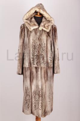 Норковая шуба с капюшоном, полустрижка, лазерный рисунок, цвет сильвер/колотый лед.