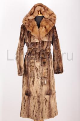 Длинная норковая шуба, принт трафарет, цельная,  с капюшоном из соболя