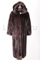 Шикарная длинная норковая шуба с капюшоном из густейшей норки, цвет горький шоколад