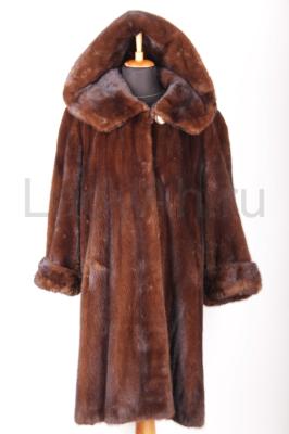 Норковая шуба с капюшоном, цвет орех, роспуск