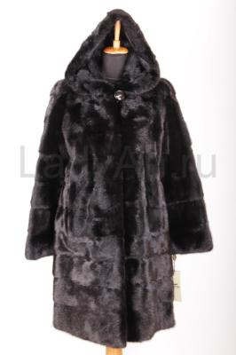Новая норковая шуба с капюшоном, поперечка, цвет черный бриллиант.