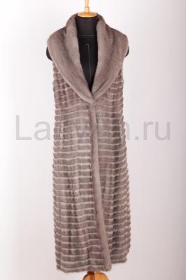 Новый длинный жилет из норки, цвет графит, воротник шаль, выкладка меха поперечка.