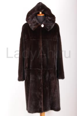 Новая норковая шуба с капюшоном, цвет горький шоколад, цельная.
