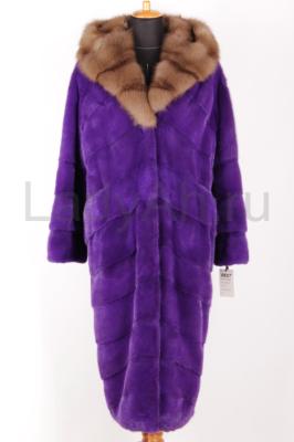 Новая норковая шуба с капюшоном из куницы, фасон кокон, цвет фиолетовый