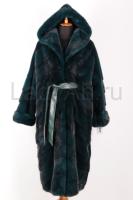 Новая норковая шуба с капюшоном, фасон кокон, цвет изумрудный, морская волна.