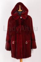 Новый норковый полушубок с капюшоном в аукционном мехе, цвет гранат.