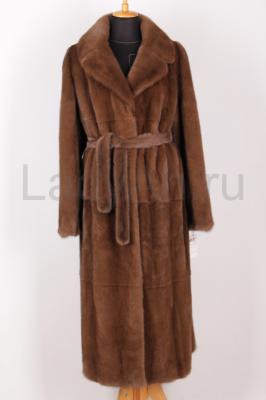 Новая длинная норковая шуба, длина 130 см, английский воротник, фасон прямой (халат), цвет орех.