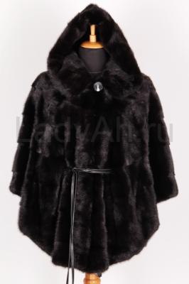 Норковая шуба/полушубок, пончо с капюшоном, цвет черный бриллиант.