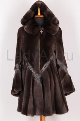 Норковая шуба с капюшоном, с отделкой из каракуля, кофейный градиент