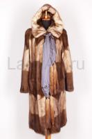 Норковая шуба с капюшоном, трафарет, кофейные оттенки