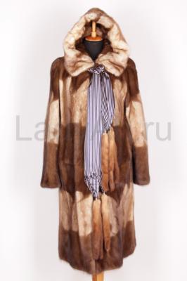 Норковая шуба с капюшоном, трафарет, кофейные оттенки