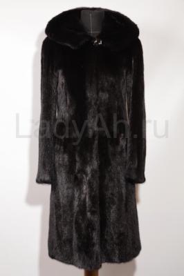 Норковая шуба с капюшоном, цвет чёрный блиллиант.  