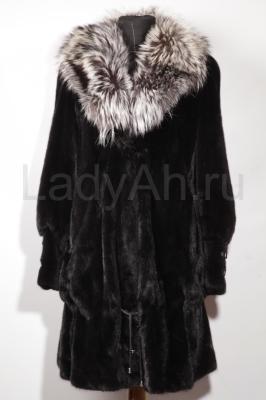 Стильное норковое пальто, цвет чёрный бриллиант, воротник чернобурка.